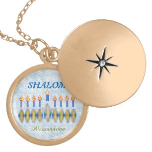 Hanukkah Menorah Shalom Customizable Name Gold Plated Necklace