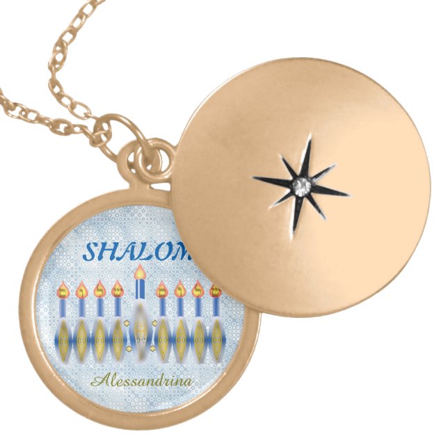 Hanukkah Menorah Shalom Customizable Name Gold Plated Necklace (Front)