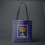 HANUKKAH Menorah Star David Personalized Navy Blue Tote Bag<br><div class="desc">Stylish festive all over print navy blue TOTE BAG with faux silver Star of David in subtle background pattern. Placeholder text is customizable so you can change HAPPY HANUKKAH to a greeting of your own choice (text of similar length), your name or text in your own language. Part of the...</div>