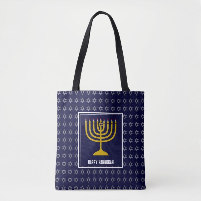 HANUKKAH Menorah Star David Personalized Navy Blue Tote Bag (Front)