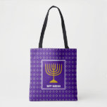 HANUKKAH Menorah Star David Personalized Purple Tote Bag<br><div class="desc">Stylish festive all over print purple TOTE BAG with faux silver Star of David in subtle background pattern. Placeholder text is customizable so you can change HAPPY HANUKKAH to a greeting of your own choice (text of similar length), your name or text in your own language. Part of the HANUKKAH...</div>