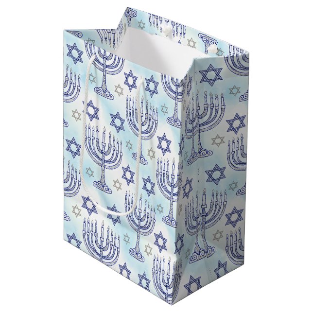 Hanukkah Menorah Star of David Doodle Art Style Medium Gift Bag (Front Angled)
