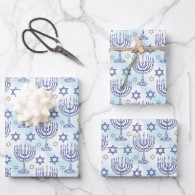 Hanukkah Menorah Star of David Doodle Art Style Wrapping Paper Sheets