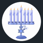 Hanukkah Menorah Sticker<br><div class="desc">Stylish Hanukkah envelope seal sticker,  with great looking graphics of a blue menorah decorated with Stars of David,  on the stem.  Great as envelope seals for your Hanukkah cards or party invitations,  or party favors for the kids.</div>