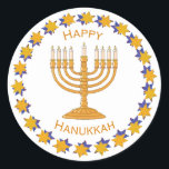 hanukkah menorah stickers<br><div class="desc">A gold menorah surrounded by a circle gold & blue stars with the words "Happy Hanukkah". The background is white but can be changed to any of zazzle's many color choices.</div>