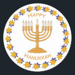 hanukkah menorah stickers<br><div class="desc">A gold menorah surrounded by a circle gold & blue stars with the words "Happy Hanukkah". The background is white but can be changed to any of zazzle's many color choices.</div>