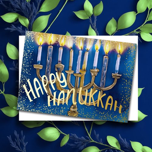 Hanukkah Menorah Watercolor Fun Joyful Foil Holiday Card