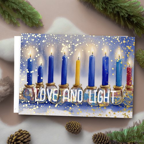 Hanukkah Menorah Watercolor Love and Light Foil Holiday Card