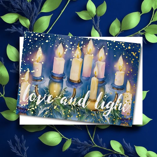 Hanukkah Menorah Watercolor Love and Light Foil Holiday Card