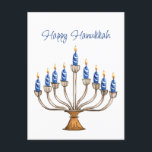 Hanukkah Menorah with Blue, White Burning Candles  Postcard<br><div class="desc">Watercolor menorah with blue and white burning candles.  Happy Hanukkah greeting can be changed.   AI assisted graphic purchased with commercial use.  Artwork:  CosmicMeta</div>