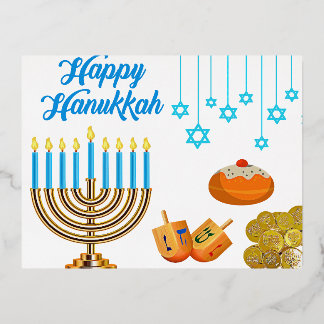 Hanukkah Menorah with Candles and Traditional Item Foil Holiday Postcard