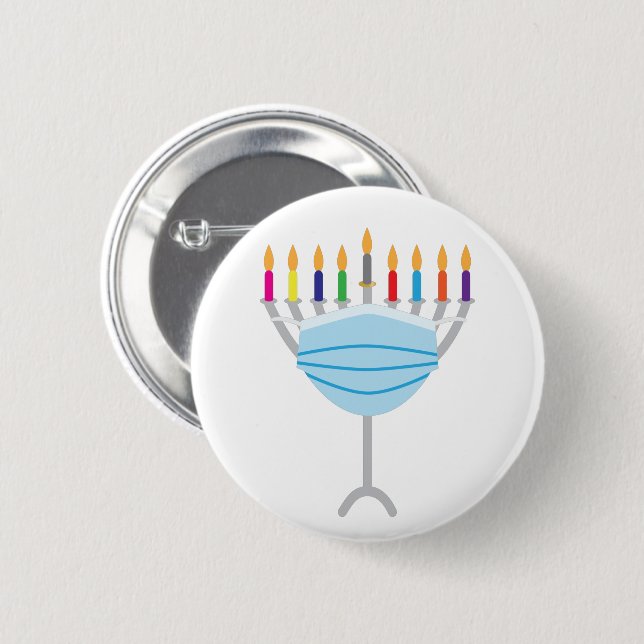 Hanukkah Menorah with face mask Button (Front & Back)