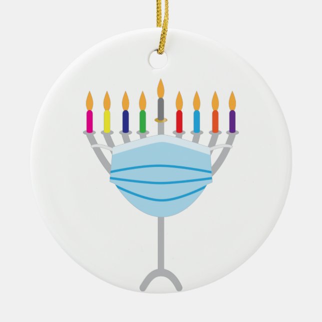 Hanukkah Menorah with face mask Ceramic Ornament (Front)