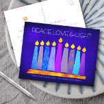 Hanukkah Modern Boho Candles Blue Peace Love Light Holiday Postcard<br><div class="desc">“Peace, love & light.” A playful, modern, artsy illustration of boho pattern candles in a menorah helps you usher in the holiday of Hanukkah. Assorted blue candles with colorful faux foil patterns overlay a rich deep blue textured background. On the back, type in your personal copy using the easy template...</div>