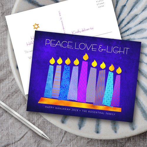 Hanukkah Modern Boho Candles Blue Peace Love Light Holiday Postcard