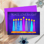 Hanukkah Modern Boho Candles Peace Love Light Blue Holiday Card<br><div class="desc">“Peace, love & light.” A playful, modern, artsy illustration of boho pattern candles in a menorah helps you usher in the holiday of Hanukkah. Assorted blue candles with colorful faux foil patterns overlay a rich deep blue textured background. Faux hot pink purple diamond pattern foil on a cornflower blue background...</div>