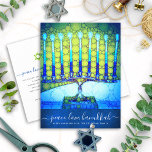 Hanukkah Modern Script Blue Green Menorah Stylish Holiday Postcard<br><div class="desc">“Peace, Love, Hanukkah”. A close-up photo illustration of a bright, colorful, blue green artsy menorah on a textured navy blue background helps you usher in the holiday of Hanukkah. Feel the warmth and joy of the holiday season whenever you send this stunning, colorful Hanukkah greeting postcard. Matching envelopes, stickers, tote...</div>