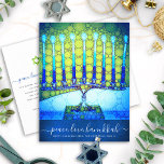 Hanukkah Modern Script Blue Green Menorah Stylish Holiday Postcard<br><div class="desc">“Peace, Love, Hanukkah”. A close-up photo illustration of a bright, colorful, blue green artsy menorah on a textured navy blue background helps you usher in the holiday of Hanukkah. Feel the warmth and joy of the holiday season whenever you send this stunning, colorful Hanukkah greeting postcard. Matching envelopes, stickers, tote...</div>