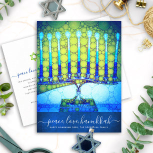 Hanukkah Modern Script Blue Green Menorah Stylish Holiday Postcard