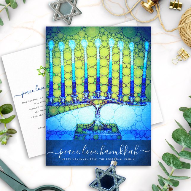 Hanukkah Modern Script Blue Green Menorah Stylish Holiday Postcard (Creator Uploaded)