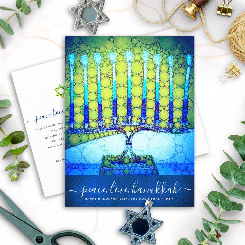 Hanukkah Modern Script Blue Green Menorah Stylish Holiday Postcard