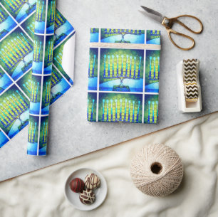 Hanukkah Modern Trendy Blue Green Menorah Pattern Wrapping Paper