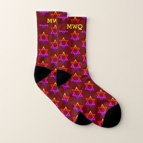 Hanukkah  Monogram Burgundy  STAR OF DAVID Socks