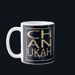 Hanukkah Mug "Chanukah Happy Gold"<br><div class="desc">Classic Mug for Hanukkah. "Chanukah Happy Gold" Chanukah Mug. Gold lettering and Gold rectangle can be resized and moved. Background color, dark blue, can be changed out. Personalize mug by deleting text, and replacing with your own messages. Choose your favorite font style, color, and size. Create a simply simple gift...</div>