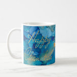 Hanukkah Mug Colorful Golds/Blues Design<br><div class="desc">Colorfully Fun Hanukkah mug. "Colorful, Gold/Blues Design" Chanukah Mug. Personalize by deleting text, "Dear Bubbie, We love you! Dana, Sarah and Daniel" and adding your own message. Use your favorite font style, color, and size. Design element, "Happy Chanukah" can be moved, resized and deleted. Design element of 3 stars can...</div>