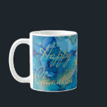 Hanukkah Mug Colorful Golds/Blues Design<br><div class="desc">Colorfully Fun Hanukkah mug. "Colorful, Gold/Blues Design" Chanukah Mug. Personalize by deleting text, "Dear Bubbie, We love you! Dana, Sarah and Daniel" and adding your own message. Use your favorite font style, color, and size. Design element, "Happy Chanukah" can be moved, resized and deleted. Design element of 3 stars can...</div>