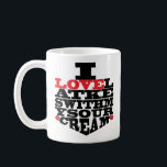 Hanukkah Mug "I Love Latkes"<br><div class="desc">Red, black and white Hanukkah mug. "I love latkes with my sour cream" Chanukah Mug. Personalize by deleting, "Happy Chanukah, Bubbie! Love, Amy & Jason", then choose your favorite font style, size, color and wording to personalize your mug! Create a simply simple gift by adding some goodies to the mug,...</div>