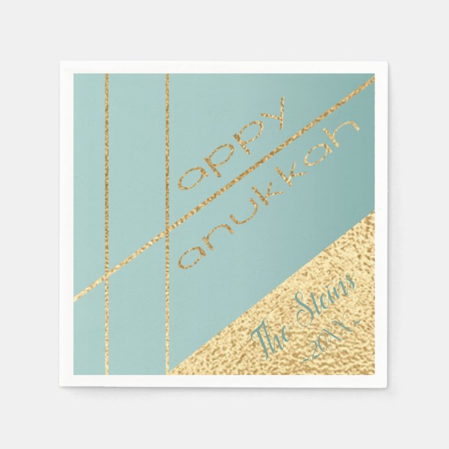 Hanukkah Napkin Personalize Elegant Too Turq, Gold (Front)
