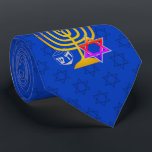 HANUKKAH NECK TIE<br><div class="desc">Elegant,  stylish mid blue HANUKKAH Neck Tie,  designed with faux gold menorah,  colorful Star of David and silver colored dreidel plus OPTIONAL MONOGRAM (appears underneath in faux gold serif font). There is a subtle tiled pattern of the Star of David in the background. Available in midnight blue with monogram.</div>