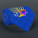 HANUKKAH NECK TIE<br><div class="desc">Elegant,  stylish mid blue HANUKKAH Neck Tie,  designed with faux gold menorah,  colorful Star of David and silver colored dreidel plus OPTIONAL MONOGRAM (appears underneath in faux gold serif font). There is a subtle tiled pattern of the Star of David in the background. Available in midnight blue with monogram.</div>