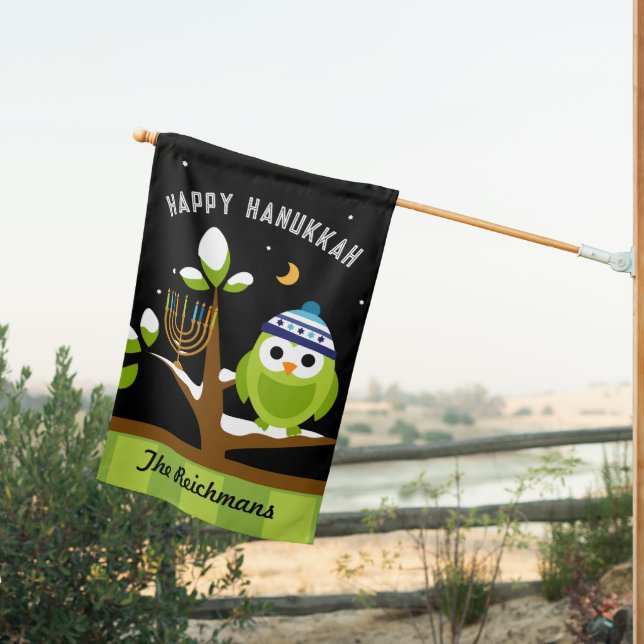 Hanukkah Party Cheerful Owl Personalized House Flag (Insitu (Back))