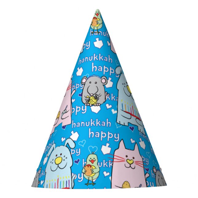 Hanukkah Party Hat "Dog, Cat, Mouse and Bird" (Front)