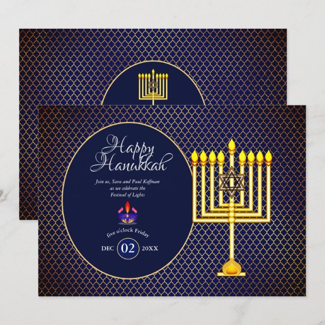 Hanukkah Party Invitation Blue Gold Menorah 3 (Front/Back)