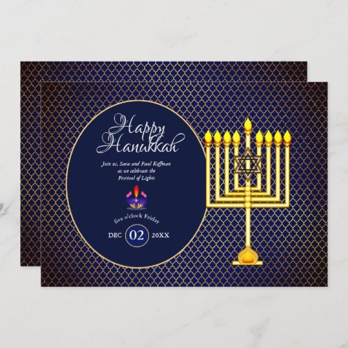 Hanukkah Party Invitation Blue Gold Menorah 3