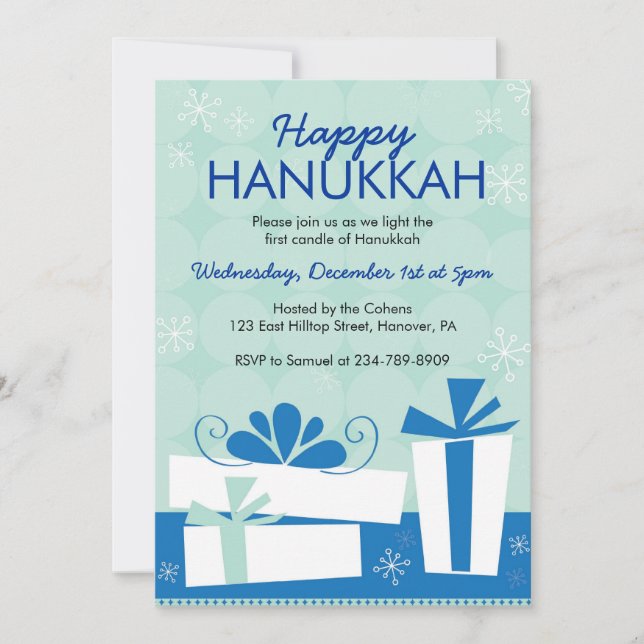 Hanukkah Party Invitations with Gifts (Front)
