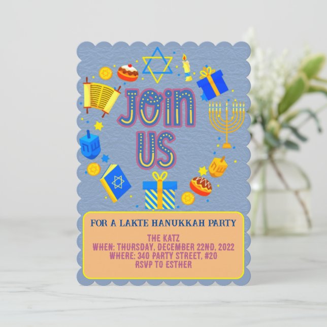 Hanukkah Party Invitations With Modern Text Design (Standing Front)