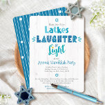 Hanukkah Party Latke Laughter Light Rustic Modern Invitation<br><div class="desc">“Latkes, laughter & light.” Time to get together for Hanukkah. Fun whimsical handcrafted typography along with Stars of David in dusty blue, turquoise and teal on a rustic, white wood background help you usher in the festival of lights. A hand drawn white line pattern on a teal background adorns the...</div>