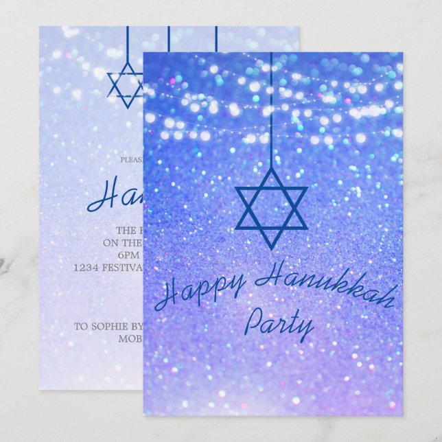 Hanukkah Party Lights Glitter Blue Star  David Invitation (Front/Back)
