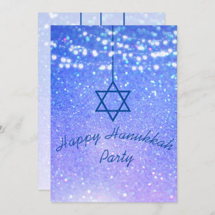Hanukkah Party Lights Glitter Blue Star David Invitation