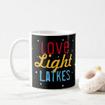 Hanukkah Party Love Light Latkes Personalized Coffee Mug<br><div class="desc">Our Hanukkah Party Love Light Latkes Personalized Funny Quote Coffee Mug will get everyone into the Holiday spirit! Dress up your morning coffee for the holidays. A personalized mug makes a great holiday gift for special family, friends & clients. The colorful, humorous saying stands out on the black starry night...</div>