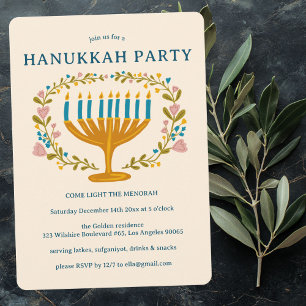 HANUKKAH PARTY Menorah floral wreath CUSTOM Invitation