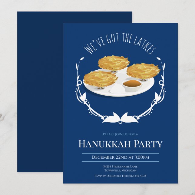 Hanukkah Party Smiling Latkes Blue White Holiday Invitation (Front/Back)