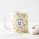 Hanukkah Pattern   Navy Blue Watercolor Monogram Coffee Mug<br><div class="desc">This Festival of Lights / Hanukkah design features a navy blue watercolor monogram in a circle bordered by a wreath with matching navy blue and gold flowers. The background pattern of menorah and Star of David is set on pastel buttercup yellow. The background may be changed to any color by...</div>