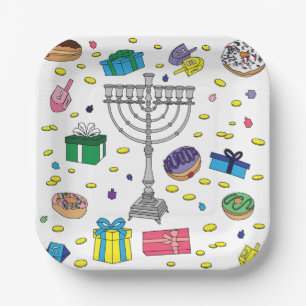 Hanukkah Pattern White Paper Plates
