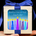 Hanukkah Peace Love Blue Boho Candles Turquoise Square Sticker<br><div class="desc">“Peace, love & light.” A playful, modern, artsy illustration of boho pattern candles helps you usher in the holiday of Hanukkah. Assorted blue candles with colorful faux foil patterns overlay a turquoise gradient to white textured background. Feel the warmth and joy of the holiday season whenever you use this stunning,...</div>