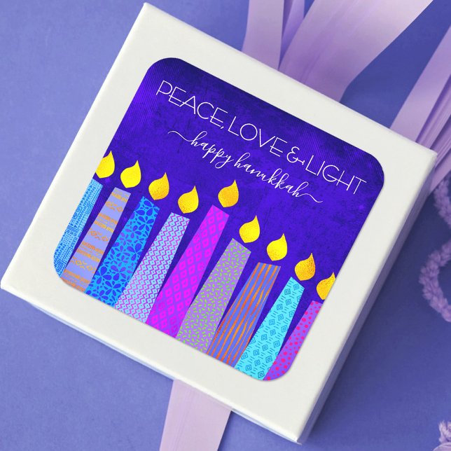 Hanukkah Peace Love Bold Boho Pattern Candles Blue Square Sticker (Creator Uploaded)